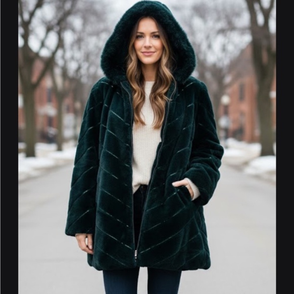Dennis Basso Dark Green Faux Fur Hooded Jacket